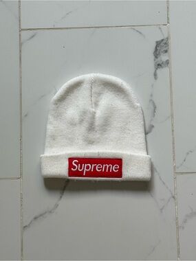 Supreme white knit beanie with red logo patch